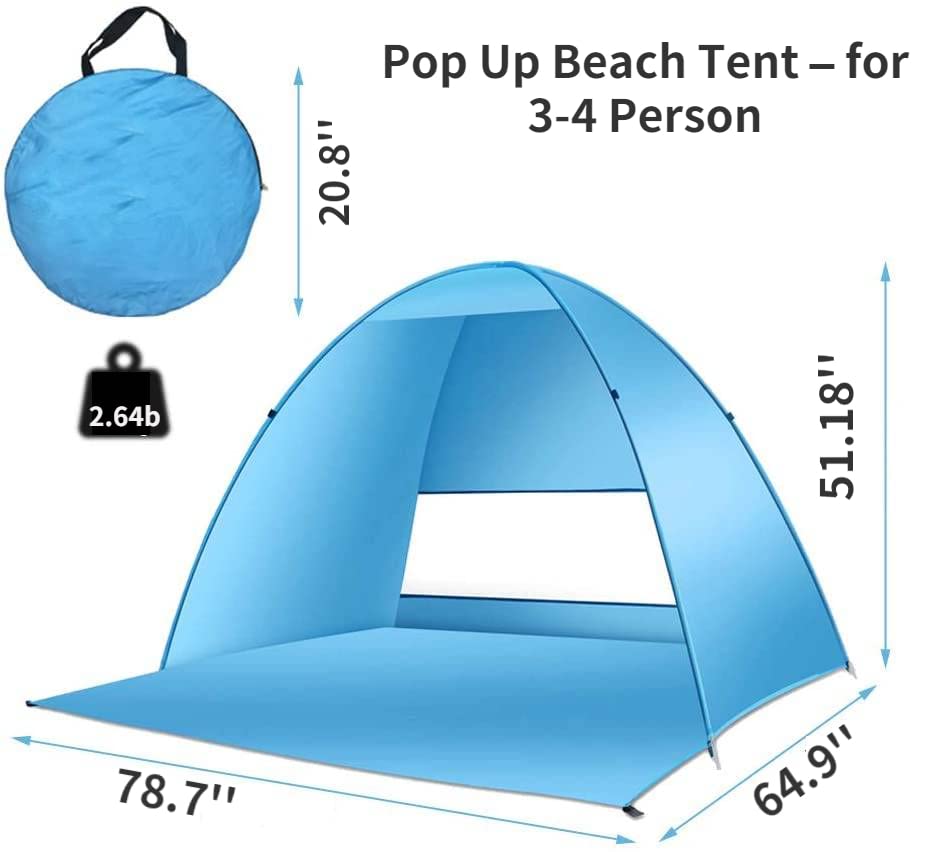 Pop Up Beach Tent – for 3-4 Person UPF 50+ UV Sun Protection Beach Shade Pop Up Sun Shelter with Carry Bag and Tent Stakes...