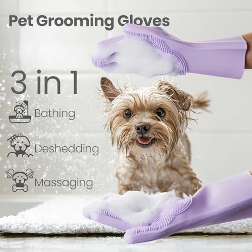 DELOMO Pet Grooming Gloves 1 Pair: Soft and Gentle Silicone Dog Washing Gloves - Bathing Scrubber Brush Mitt Grooming Shed...