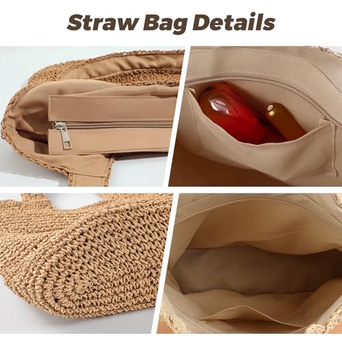 Pleneal Straw Beach Bags for Women - Women Beach Handmade Woven Tote Bag, Summer Mesh Hollow Shoulder Bag for Holiday