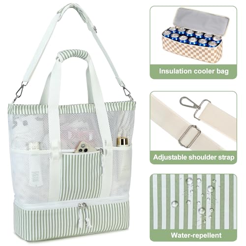 Bluboon Mesh Beach Tote Bag with Cooler Compartment Insulated Detachable Picnic Bag with Zipper and Pocket Pool Bag for Women
