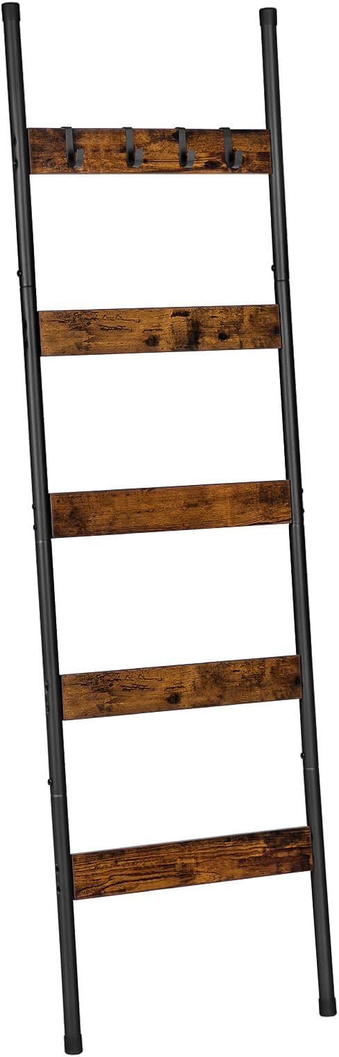 HOOBRO Blanket Ladder, 5-Tier Towel Rack with Hooks, Wall-Leaning Blanket Rack, Decorative Display Ladder Shelf, for Scarv...