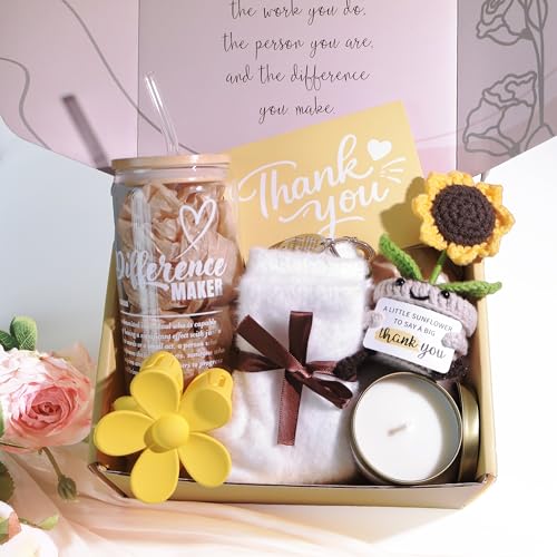 Thank You Gifts for Women Appreciation Gift Basket Sunflower Scented Candle Glass Cup Crochet Decor Unique Set for Coworke...