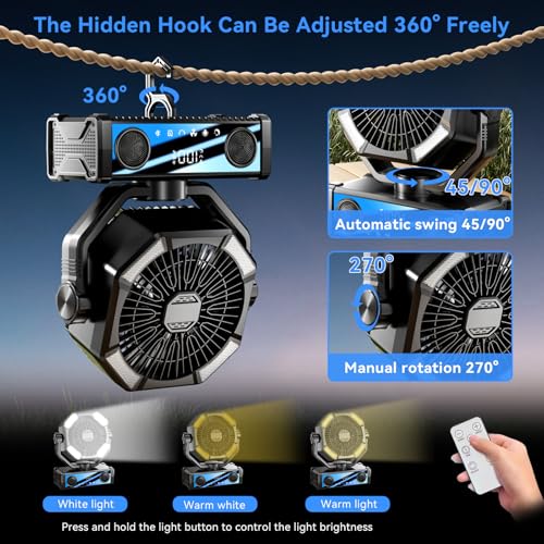 Portable fan rechargeable with 5.3 Bluetooth Speaker, 25000mAh Camping Fan with 5 Speed Touch Control & 3-Mode LED Light, ...