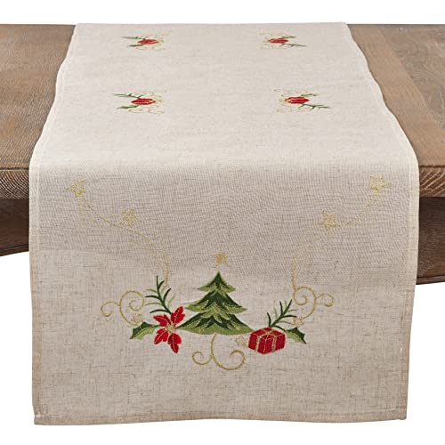 SARO LIFESTYLE Arbre de Noël Collection Embroidered Christmas Tree Design Linen Blend Table Runner, 16" x 120", Natural