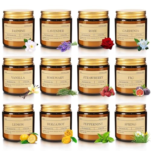 Scented Candle Set 24 Pack (3.05oz Each) - Aromatherapy Candles with Essential Oils, Smokeless Soy Wax Candles in 12 Scent...