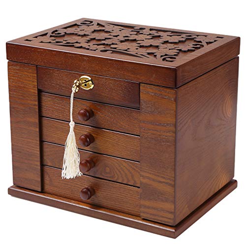 Changsuo Wooden Jewelry Box for Women, Organizer Box of Solid Wood with Lock and Key for Jewelries, Watches, Necklace, Rin...