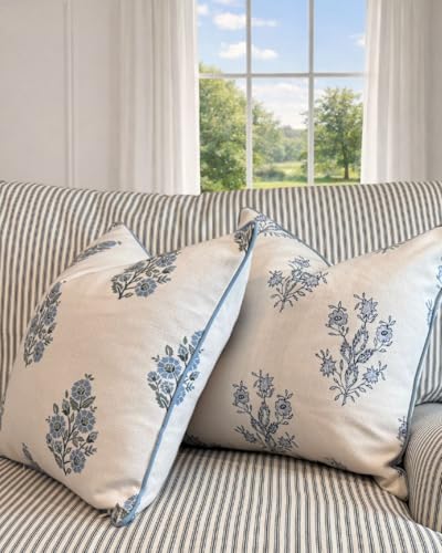 Jillien Harbor “The Mary” Blue and White Decorative Throw Pillow Cover – Floral Block Print Pillow Cover – Grandmillennial...