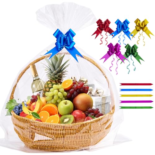 Homrelaxy 20 Pcs 24 x 30 Inches Cellophane Bags for Gift Baskets with 20 Colorful Pull Bows, Plastic Clear Basket Bags, Ce...