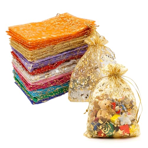 100Pcs 5x7 Inch Organza Gift Bags 10 Colors Drawstring Mesh Bag for Jewelry Wedding Favor Festival Candy Gift Pouches Chri...