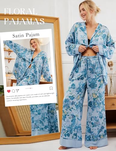 Yimoon Satin Pajama Set for Women Silk Pajamas Set 2 Piece Floral Cute Pj Set Long Sleeve Pjs Sleepwear