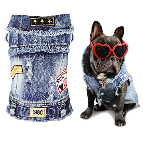 SILD Pet Clothes Dog Jeans Jacket Cool Blue Denim Coat Small Medium Puppy Blue Vintage Washed Clothes Dogs Lapel Vests Cla...