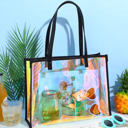 Aliceset Holographic Clear Tote Bag with Leather Handle Iridescent Bachelorette Beach Bag for Work Stadium Travel | with L...