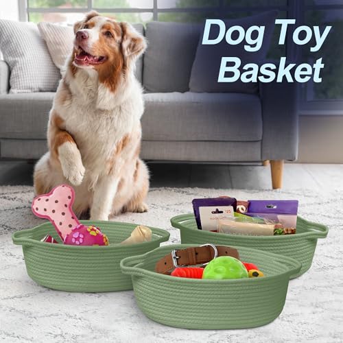 MEGASKET Green Woven Basket, 13" x 9" x 5" Baskets for Gifts Empty, Cute Cotton Rope Cat Dog Toy Bin Box, Small Woven Bin ...