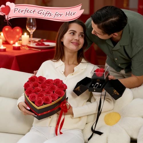 Gifts for Women Artificial Forever Flowers Box & Preserved Roses with Necklace Ring Earrings,Gifts for Her Girlfriend Mom ...