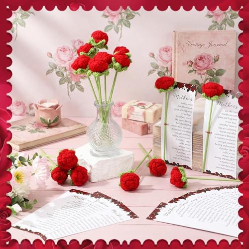 Sayglossy 30 Sets Mother's Day Crochet Rose Bulk Gifts Knitted Roses Crochet Flowers with Mother's Day Card for Church Mom...