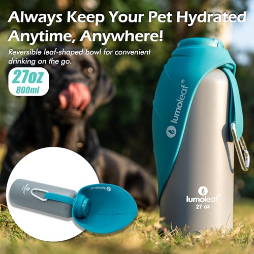 LumoLeaf Insulated Dog Water Bottle 27 oz Stainless Steel - Keep Water Cool or Warm, Portable Pet Water Bowl for Travel, W...