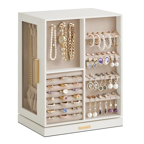 SONGMICS Jewelry Box 360° Rotating, Jewelry Storage Case with 5 Drawers, Jewelry Organizer, Glass Window, Spacious, Vertic...