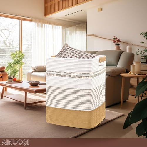 Large Laundry Hamper Basket, 85L Cotton Rope Woven Storage Bin for Blankets, Dirty Clothes Toys, Decorative Tall Basket wi...