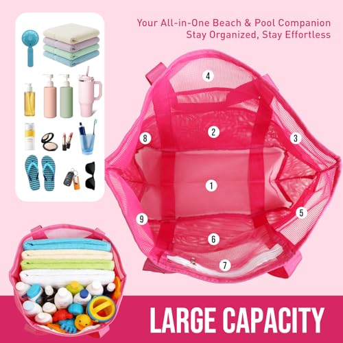 ASBEFORE Large Mesh Beach Tote Bag, 9-Pocket Foldable Summer Vacation Beach Bag for Travel, Pool, Gym, Cruise