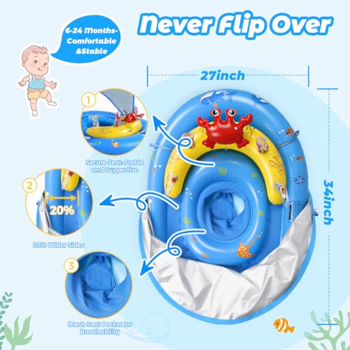 LAYCOL Baby Pool Float with Canopy UPF50+, 120°Adjustable Sun Protection and Anti-Tip Safety Seat, Inflatable Toddler Floa...