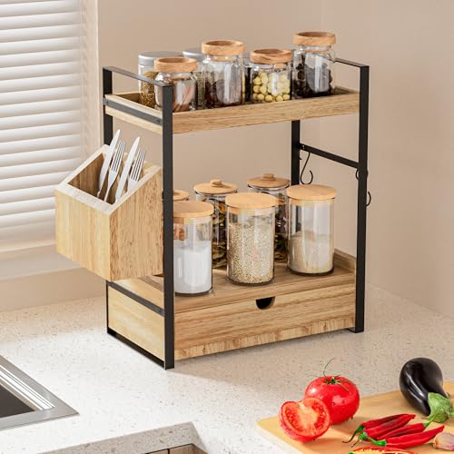 Aollewoiti 2-Tier Bathroom Counter Organizer with Drawer and Basket, Wood Countertop Organizer for Storage, Skincare Organ...