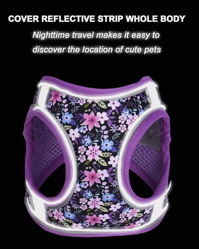 JUFOO XXS Purple Flower Pattern Dog Harness and Leash Set,No Escape Puppy Harnesses for Training Walking，Breathable Adjust...