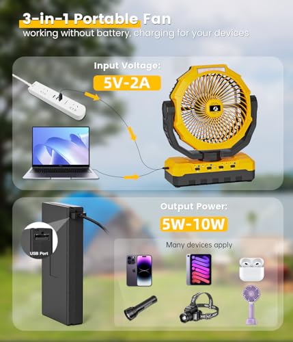 Korbot 36000mAh Portable Camping Fan - 120HRS Rechargeable Fan with Detachable Battery with LED & Remote - 4 Speeds Batter...