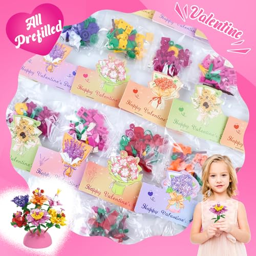 Valentines Day Gifts for Kids - 24 Pack Prepacked Valentine's Day Cards with Flower Building Blocks Crafts for School Clas...