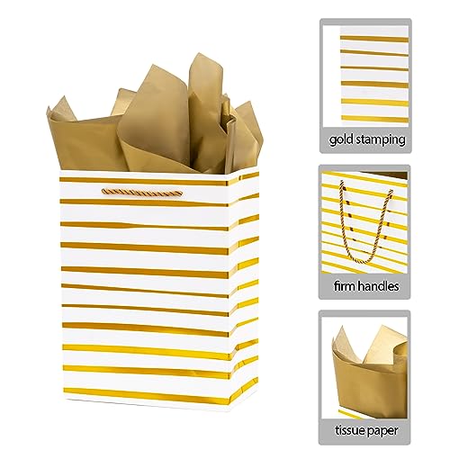 Nihuecne 9" Gift Bags Medium Size with Tissue Paper, 4 Pack White Gold Wrap Paper Gift Bags with Handles for Shopping Part...