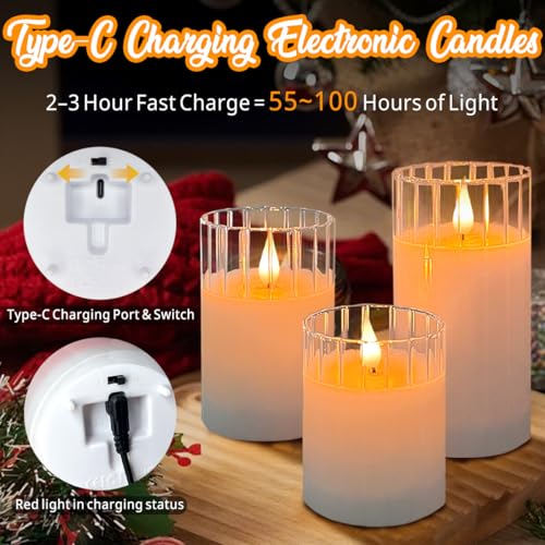 LEDHOLYT Rechargeable Flameless Glass Pillar Candles – Remote & Timer – Set of 3 White Stripes Realistic Flickering LED Li...