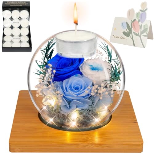 Preserved Blue Real Rose in Glass with Scented Candles – Forever Flower Romantic Anniversary Christmas Birthday Valentines...