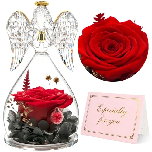 Yamonic Mom Birthday Gifts for Women, Preserved Roses Forever Flower in Glass Angel Figurines Gifts for Moms Grandma, Real...