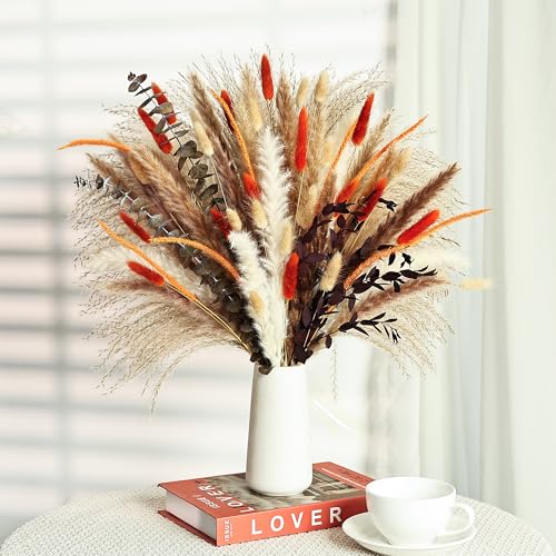 Orange Dried Pampas Grass Bouquet, 17 Inch, Bunny Tail,Eucalyptus,Natural Dried Floral Arrangement for Boho Rustic Wedding...