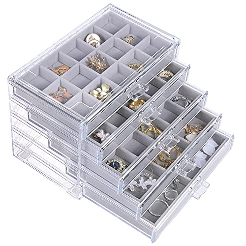 misaya Earring Jewelry Organizer with 5 Drawers, Birthday Present, Clear Acrylic Jewelry Box for Women, Velvet Earring Dis...