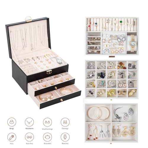 GUOER Jewelry Box for Women Girl Wife 3 Layers Large PU Leather Jewelry Organizer Storage Case with Two drawers Display fo...