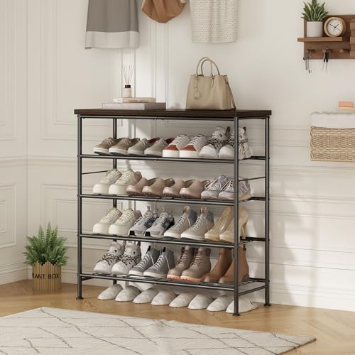 SUOERNUO Shoe Rack Organizer 5 Tier for Closet Entryway Free Standing Metal Storage Shoe Shelf with MDF Top Board，Black+Ru...