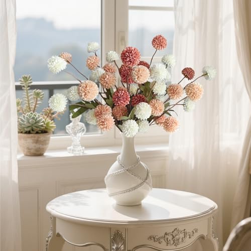 10 Pcs Fake Flowers, Artificial Mums With Long Stems, Faux Pompon Mums Floral Arrangement, 3 Mixed Colors Plastic Flowers ...