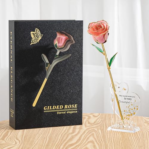 CIAPSK 24K Gold Dipped Rose Gift Set – Luxury Eternal Rose with Interlocking Acrylic Butterfly Display Base & Premium Boo...