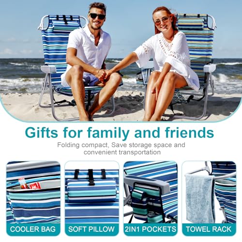 Yestomo Beach Chairs for Adults Heavy Duty, Compact Portable Lay Flat Folding Chair with Backpack Straps and Large Cooler ...