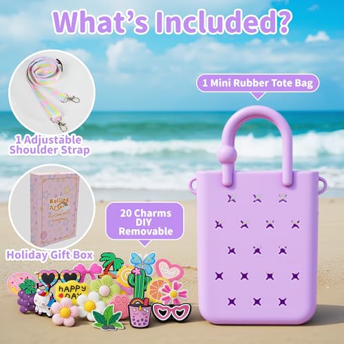Silicone Small Rubber Beach Bag with 20 Charms, Hole Handbag With Adjustable Shoulder Strap, Girls and Woman