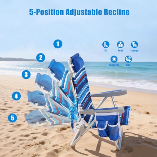 SUNNYFEEL Low Beach Chair 5 Position Lay Flat, Portable Folding Backpack Beach Chairs Heavy Duty with Cooler Bag, Cup Hold...
