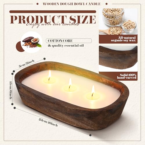 Threlaco 1 Pack 10 Inch Wood Dough Bowl Candles Home Rustic Dough Bowl Soy Candle 3 Wick Scented Candles Gifts for Men Wom...
