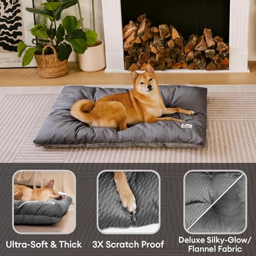 FUNNY FUZZY Washable Dog Crate Pad 30x20, Double-Sided Cooling Linen & Sherpa, Flat Crate Mat/Kennel Pad, Rectangle Dog Be...