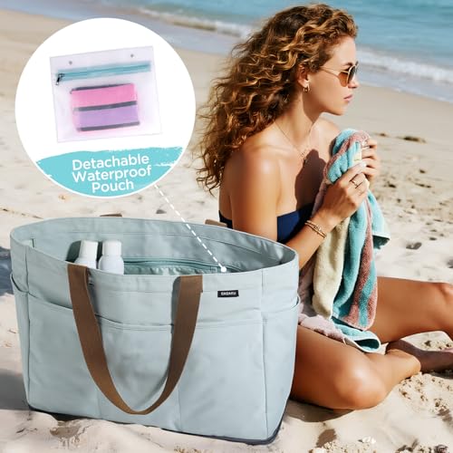 GAGAKU XL Beach Bag with Zipper & Cooler Compartment, Sand-Proof Foldable Large Tote Bag for Cruise, Travel, Family, Women
