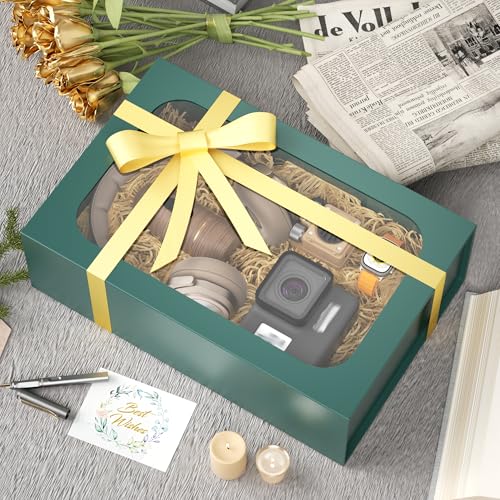 PSHVYM Large Gift Box with Window, 13.5x9x4.3 In Green Gift Box for Presents Magnetic Lids Collapsible for Bridesmaid Prop...