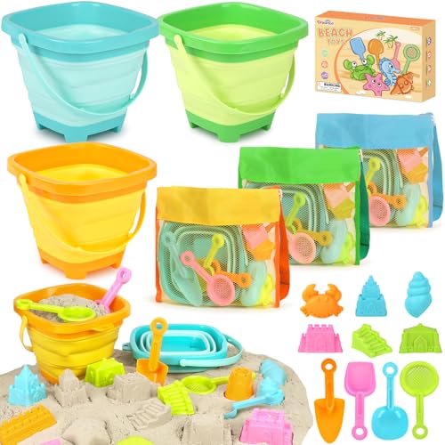 Dreamon Beach Toys for Kids 3-10, Collapsible Sand Toys Include 3 Pack Foldable Buckets with Mesh Bag, 24 PCS Beach Mold a...