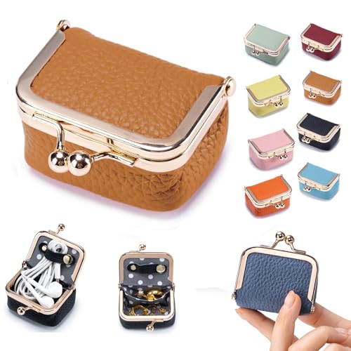 KLESZZYD Genuine Leather Mini Jewelry Box & Coin Purse for Women, Travel Jewelry Case with Kiss Lock, Holds Earrings, Ring...