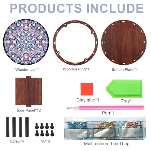antor Diamond Painting Storage Box, Mandala Flower DIY 5D Special Shape Diamond Art Wooden Organizer, Round Diamond Tablet...