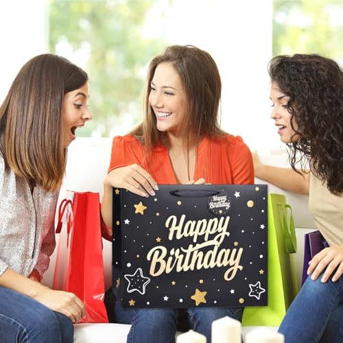 ZGORENDZ 14'' Large Gift Bag Gold Foil Happy Birthday Party Bag with Tissue Paper, Card, Envelope, Gift Tag