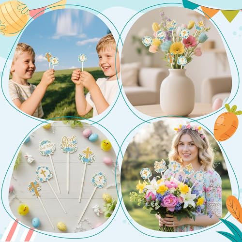 TICIAGA Floral God Bless Decorative Picks - 12PCS Religious Flower First Communion Cross Wooden Pick for Home Vase Filler ...